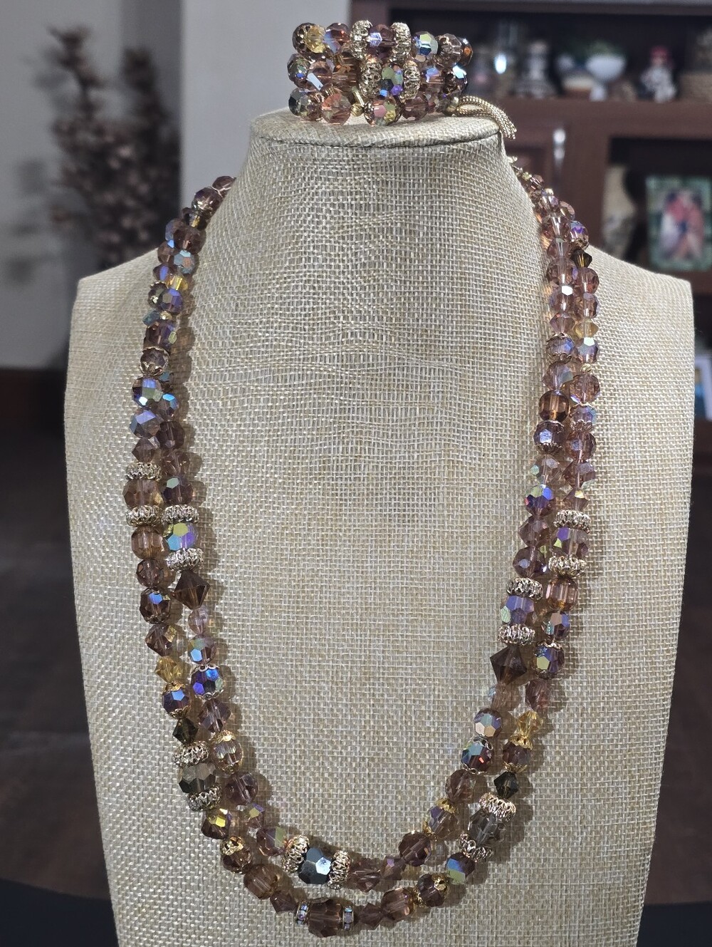 Vendome Amber Tone Crystal Bead Multi-Strand Necklace & Memory Bracelet Set